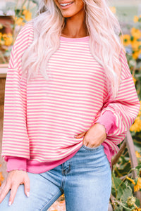 Online Pink Stripe Loose Drop Shoulder Long Sleeve Top