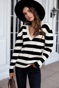 Striped Lace Splicing V Neck Pullover Sweater