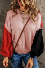 Load image into Gallery viewer, Pink Colorblock Bishop Sleeve Ribbed Trim Sweater
