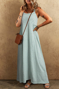 Online Green Stripe Shirred Frilled High Waist Sleeveless Loose Fit Maxi Dress