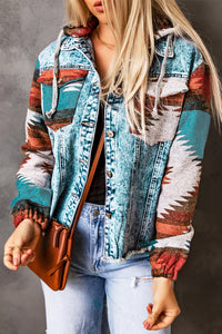 Online Multicolor Aztec Print Frayed Hem Denim Jacket