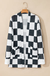 Online Black Checkered Waffle Knit Thumbhole Open Front Cardigan