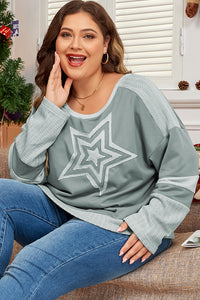 Online Mist Green Stars Patchwork Round Neck Plus Size T Shirt