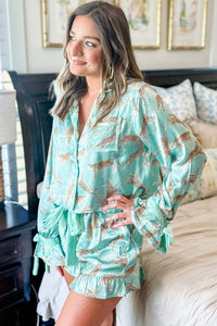 Online Green Leopard Satin Ruffle Pajama Short Set