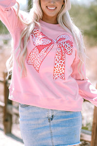 Online Pink Leopard Bowknot Printed Crewneck Pullover Sweatshirt