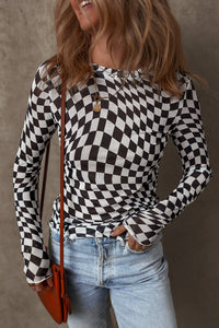 Online Khaki Checkered Pattern Mesh Mock Neck Long Sleeve Top