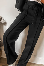 Load image into Gallery viewer, Online Black Solid Seamed Zipper Jacket and Drawstring Waist Pants Set
