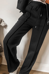 Online Black Solid Seamed Zipper Jacket and Drawstring Waist Pants Set