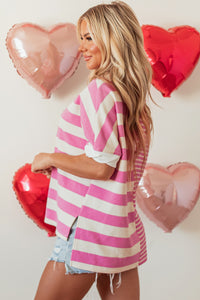 Online Pink Stripe Patchwork Textured Short Sleeve High Low Loose Top