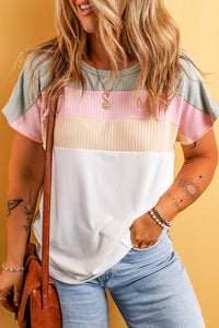 Online White Colorblock Patchwork Batwing Sleeve Ribbed Plus T Shirt