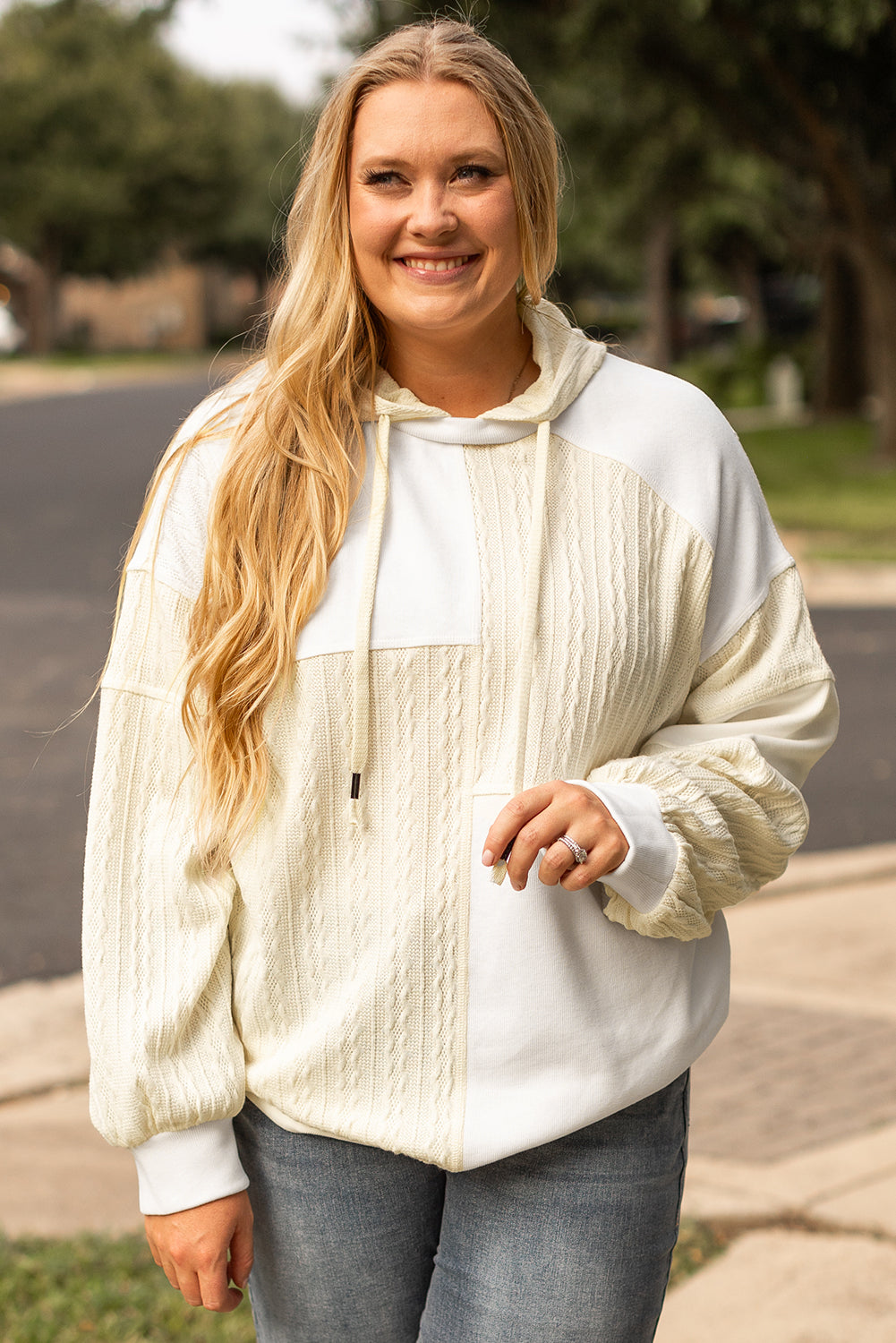 Online Beige Textured Patchwork Exposed Seam Plus Size Hoodie