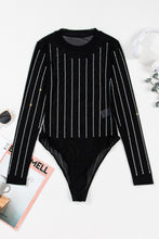 Load image into Gallery viewer, Online Black Rhinestone Decor Striped Mesh Long Sleeve Bodysuit
