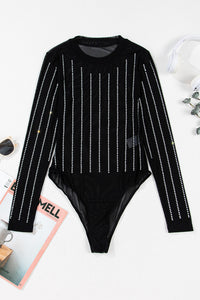 Online Black Rhinestone Decor Striped Mesh Long Sleeve Bodysuit