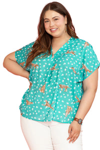 Online Green Cheetah Print V Neck Short Sleeve Plus Top