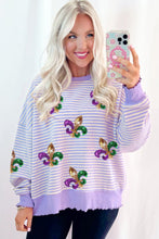 Load image into Gallery viewer, Online Purple Stripe Sequin Fleur de Lis Patched Pattern Long Sleeve Top
