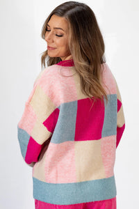 Online Rose Red Color Block Drop Shoulder Crewneck Loose Fit Sweater