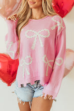 Load image into Gallery viewer, Online Pearl Beaded Bowknot Pattern Distressed Split Hem Sweater
