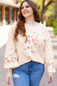 Online Beige Plus Size Flower Patched Side Slits Crewneck Top