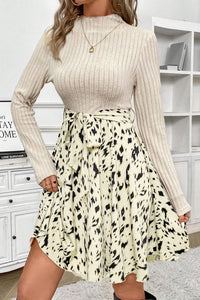 Online Black Ribbed Knit Patchwork Printed Belted A-line Dress