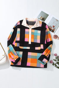 Online Black Plus Size Checkered Print Sherpa Henley Sweatshirt