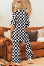 Load image into Gallery viewer, Online Black Checkered Print Half Sleeve Tunic Top and Flared Pants Set
