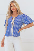 Load image into Gallery viewer, Online Blue Stripe Tied Front Puff Short Sleeve Blouse

