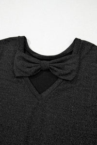 Online Black Bow Decor Glittery Short Sleeve Top