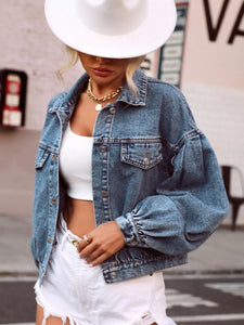 Online Collared Neck Dropped Shoulder Denim Top