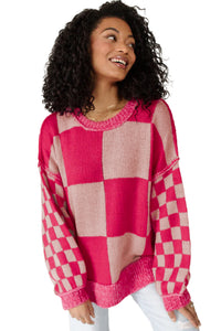 Online Rose Red Mixed Checkered Pattern Drop Shoulder Loose Sweater