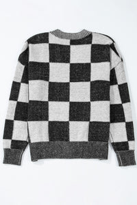 Online Black Checkered Drop Shoulder Buttoned V Neck Cardigan