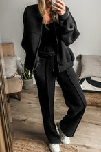 Load image into Gallery viewer, Online Black Solid Seamed Zipper Jacket and Drawstring Waist Pants Set
