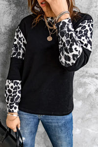 Black Leopard Colorblock Mock Neck Long Sleeve Top