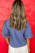 Load image into Gallery viewer, Online Blue Stripe Tied Front Puff Short Sleeve Blouse
