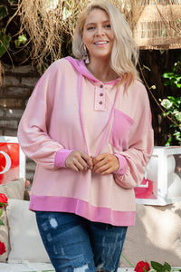 Online Pink Corded Colorblock Patchwork Plus Size Hoodie