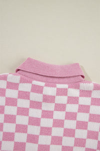 Online Apricot Checkered Buttons Collar V Neck Drop Shoulder Sweater