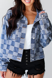 Online Black Checkered Patchwork Button up Denim Jacket