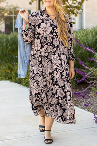 Online Black Plus Size Floral Printed Puff Sleeve Collared Maxi Dress