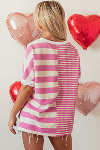 Online Pink Stripe Patchwork Textured Short Sleeve High Low Loose Top