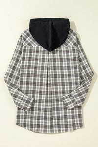 Online Green Checkered Print Loose Fit Buttoned Hooded Shacket