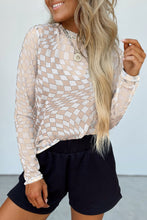 Load image into Gallery viewer, Online Khaki Checkered Pattern Mesh Mock Neck Long Sleeve Top
