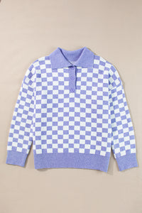 Online Purple Checkered Collared Buttons Plus Size Sweater