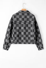 Load image into Gallery viewer, Online Black Checkered Patchwork Button up Denim Jacket
