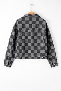 Online Black Checkered Patchwork Button up Denim Jacket