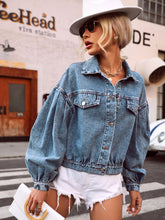 Load image into Gallery viewer, Online Collared Neck Dropped Shoulder Denim Top
