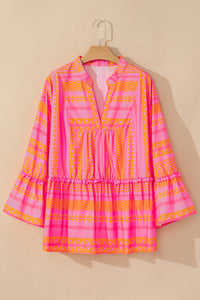 Online Vitality Orange Plus Size Geometric Printed Bell Sleeve Babydoll Blouse
