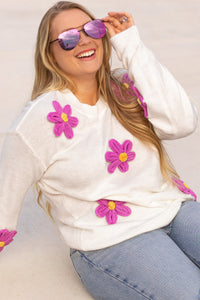 Online White Plus Size Flower Crochet Drop Shoulder Knit Sweater