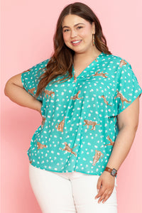 Online Green Cheetah Print V Neck Short Sleeve Plus Top