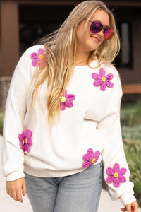 Online White Plus Size Flower Crochet Drop Shoulder Knit Sweater