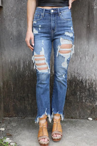 Sky Blue Distressed Holes Hollow-out Raw Hem Jeans