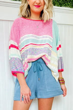 Load image into Gallery viewer, Pink Color Block Striped Three-Quarter Sleeve Knitted Top
